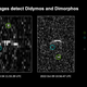 In this radar image, the green circle shows the location of Dimorphos around the larger Didymos asteroid, seen as the bright line across the middle of the images. The blue circle shows where Dimorphos would’ve been had the DART experiment not happened.